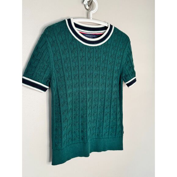 NWOT Tommy Hilfiger Women's Cable Sweater M Green Short Sleeve Cotton Preppy - Picture 3 of 7